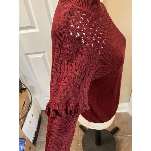 Soho New York & Company Street S Cotton Maroon Red Loose Knit Sweater Ruffle Arm - Picture 5 of 10